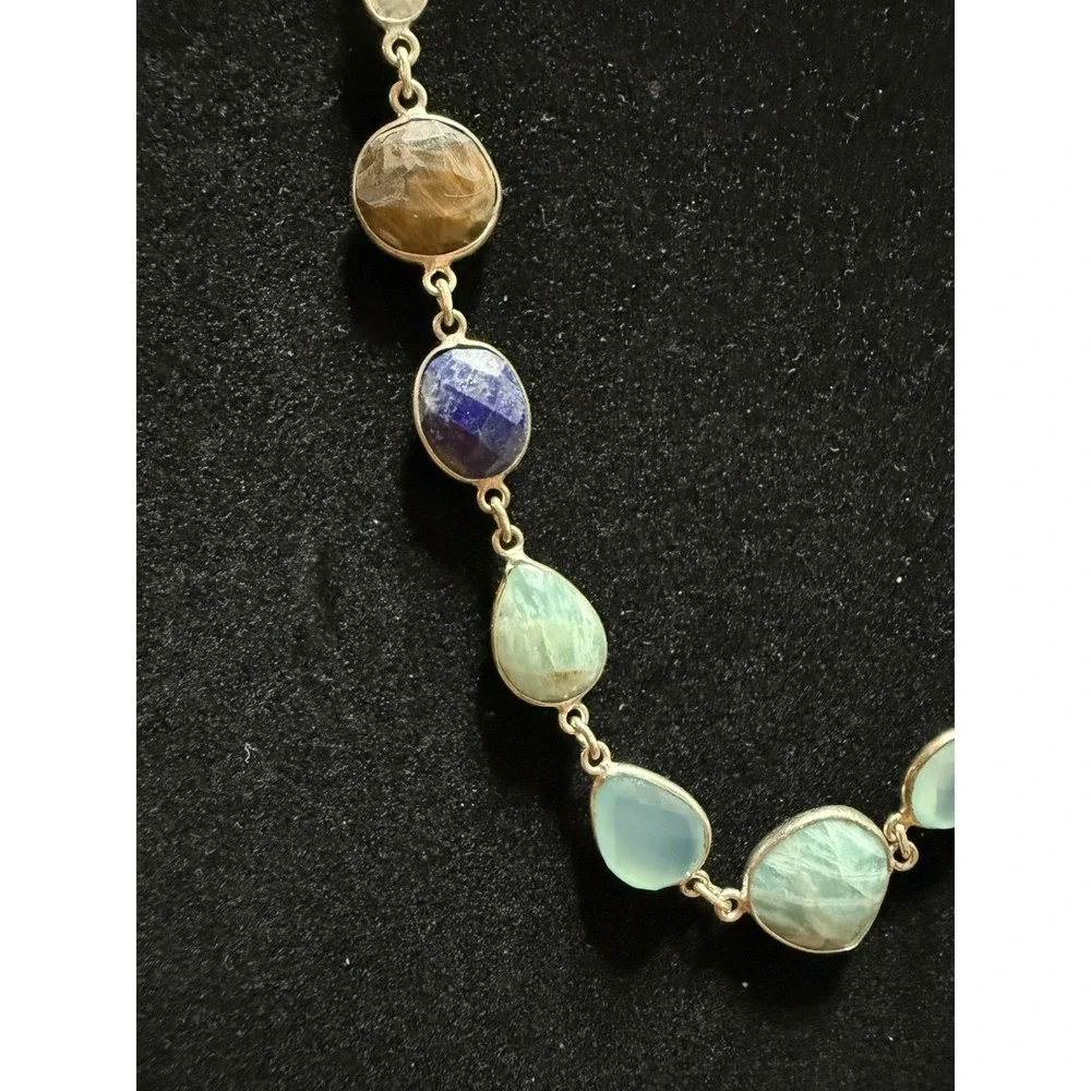 Sterling Silver multi Genuine Stones Faceted Necklace 925 Lapis Smoky Quartz 14
